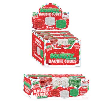 Antistresov&eacute; Trblietav&eacute; Kocky Squeezy Bauble - Set 3 ks - Cukrov&aacute; N&aacute;plň - V Displayi (6 Setov)